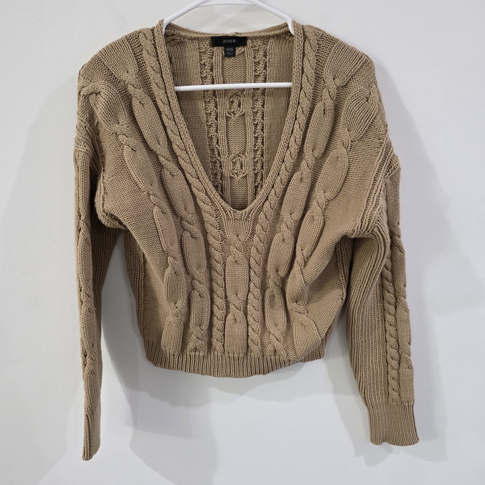 J Crew Womens Cable Knit V Neck Sweater Size Xxs Beige Cropped Preppy Ivy League